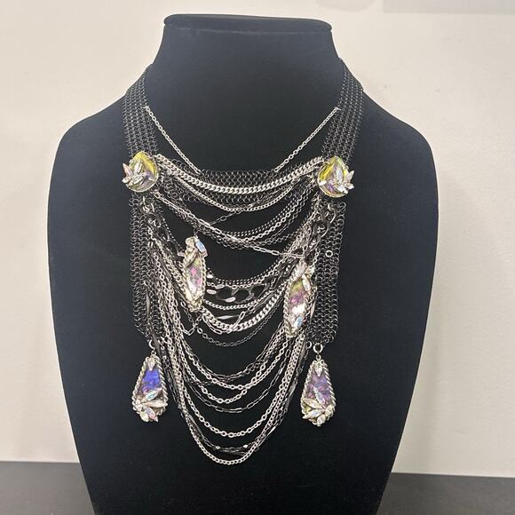 Erickson Beamon Statement Bib Necklace Gunmetal Multi Chain Crystal Waterfall - Picture 3 of 11